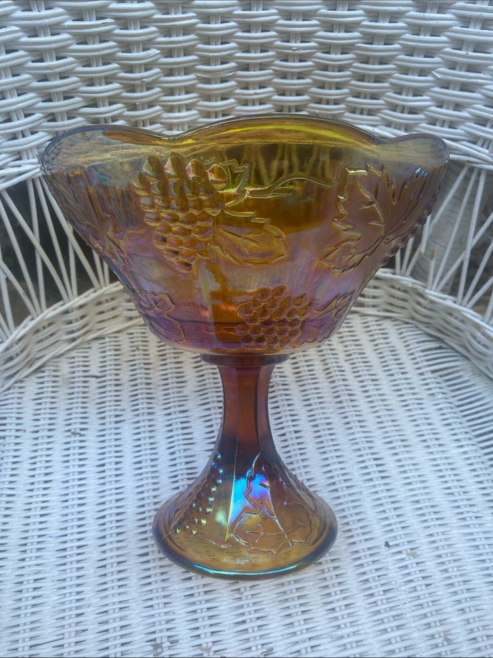 Vintage Amber Iridescent Gold
Carnival Indiana Glass Harvest
Pedestal Bowl - Picture 10 of 16